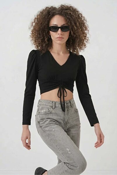 Generic Brand Women's V-Neck Crop Gathered Long Sleeve Black Blouse