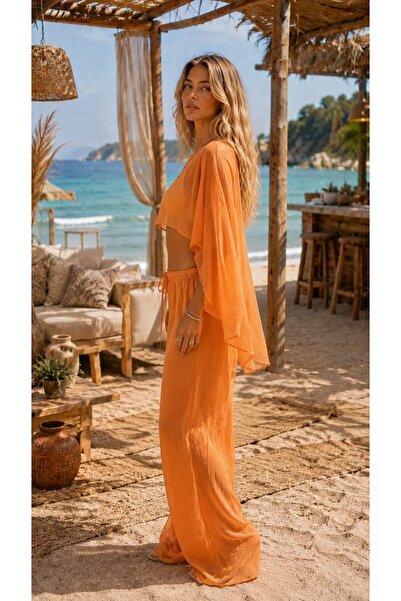 MARBERRY Orange Lux Chiffon Fabric Blouse and Pants Beach Wear 2 Piece Set S/M