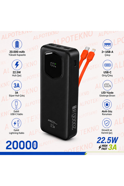 ACL PW-140 20000mAh Powerbank Dahili USB-C ve Lightning Kablolu 22.5W Hızlı Ş...