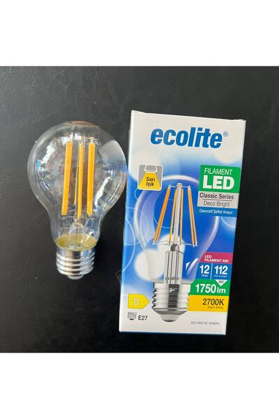 Ecolite 12 WATT E-27 DUYLU 1750 LÜMEN 2700 KELVİN SARI IŞIK A60 ŞEFFAF CAM LE...
