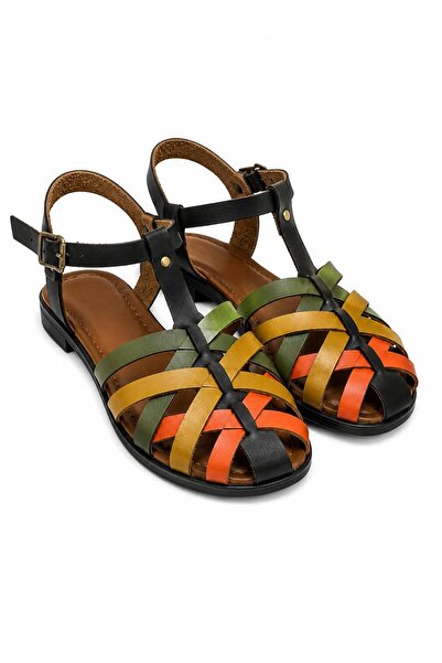 RoseVeno Women's Black Brown Leather Powder Casual Sandals