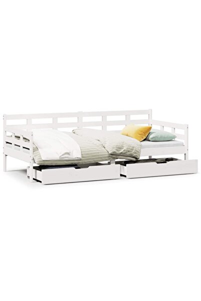 vidaxl Pat de zi cu sertare, alb, 90x200 cm, lemn masiv pin