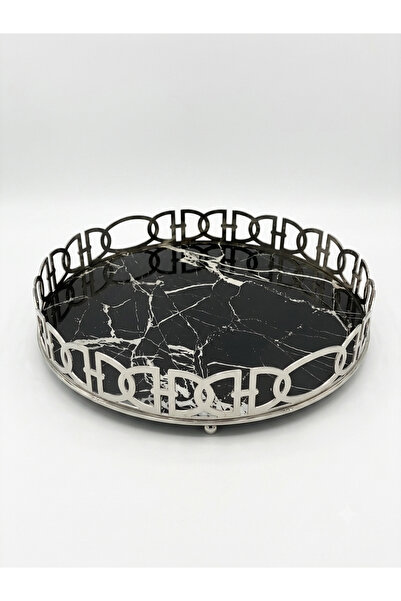 Peramari Decorative Round Chrome Metal Glass Presentation Tray with Marble Pa...