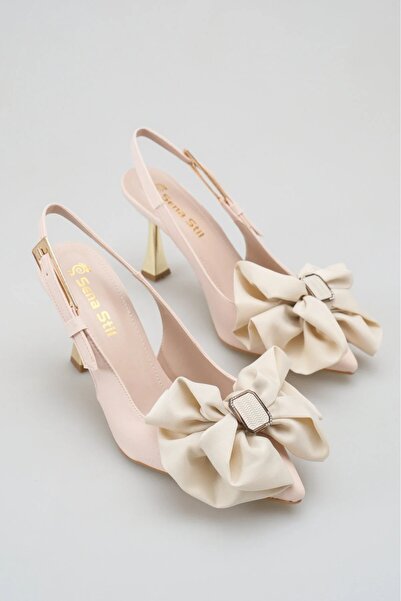 SENASTİL Open Back Special Design Heels with Bow and Gold on the Side Buckled...