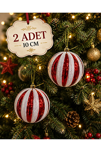 PARTİPORT Christmas Tree Ornament Red White Glittery Striped Ball 10 cm Set o...