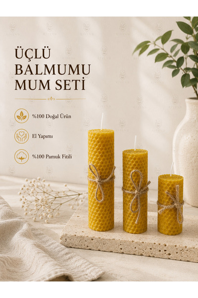 RIVEND El Yapımı %100 Doğal Balmumu 3'lü Mum Seti – Dekoratif Arı Balmumu Mum...