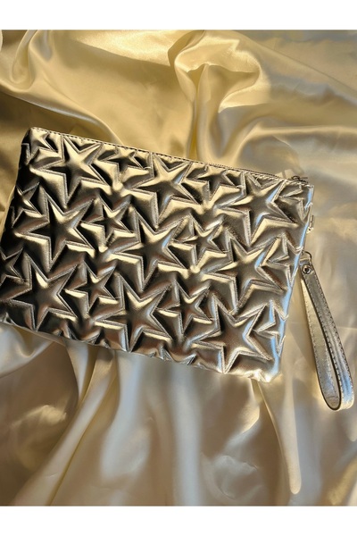 SANTA FLEX Star-Stitched Silver Clutch, Patent Leather Textured Shiny Women's...