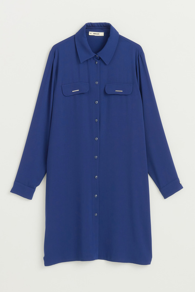 Nihan Plus Size Shirt Collar Tunic - Indigo