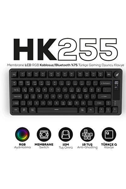 HAWK Gaming HK255B Membrane LCD RGB Kablosuz/Bluetooth Siyah %75 Türkçe Gamin...