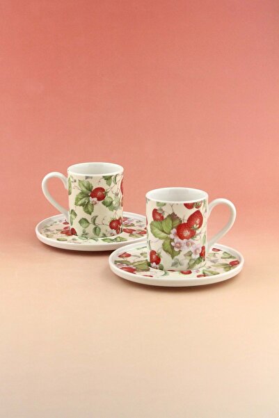 Bursa Porselen Dekor Strawberry Two-Person Porcelain Coffee Cup Set