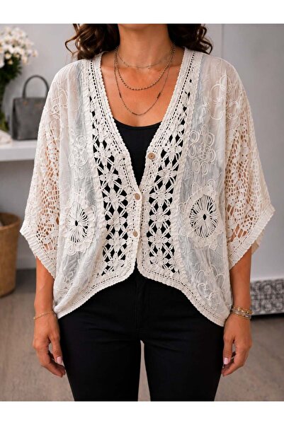MARE BUTİK Cotton Bohemian Cardigan with Guipure Detail – Ecru
