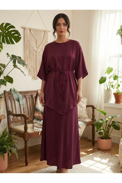 Finelook Elegant Satin Two-Piece Tunic & Skirt Set – Matching Asymmetrical Sh...