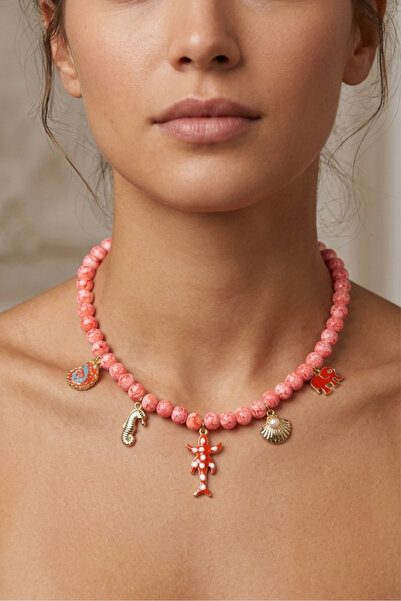 PETEK AKSESUAR Orange White Alaçati Glass Bead Sea Shell Charm Necklace
