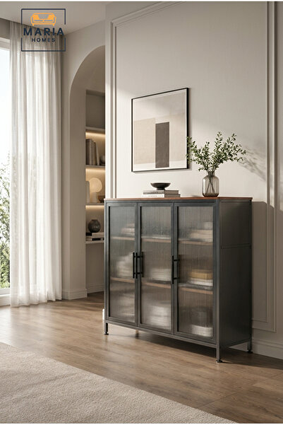 MARIA HOMES Industrial Metal Storage Cabinet with Fluted Glass Doors – Modern...