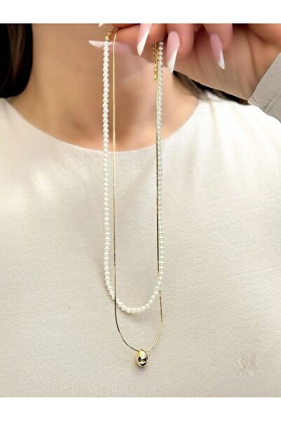 Generic Brand Steel Necklace with Double Pearl and Chain Detail