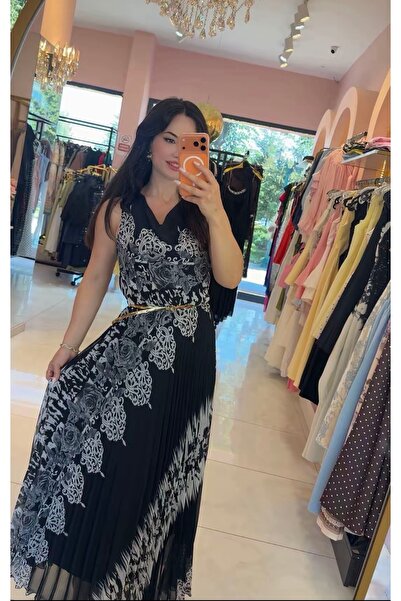 Hatice Altıntaş ŞİFON PİLİSELİ DEGAJE YAKA UZUN ELBİSE