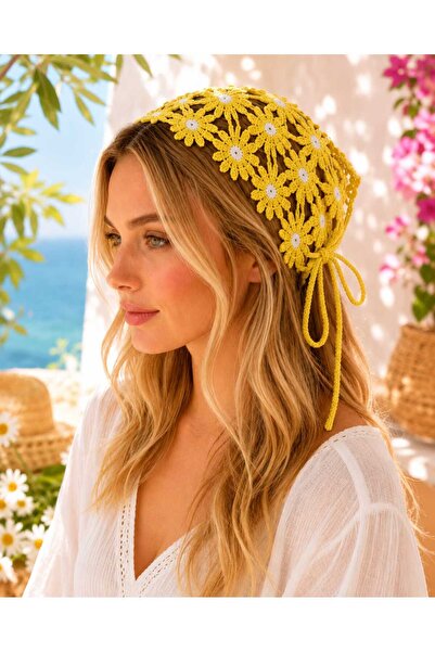 REBORN DESIGN Bohemian Knitted Daisy Motif Cotton Yellow Color Bandana Scarf