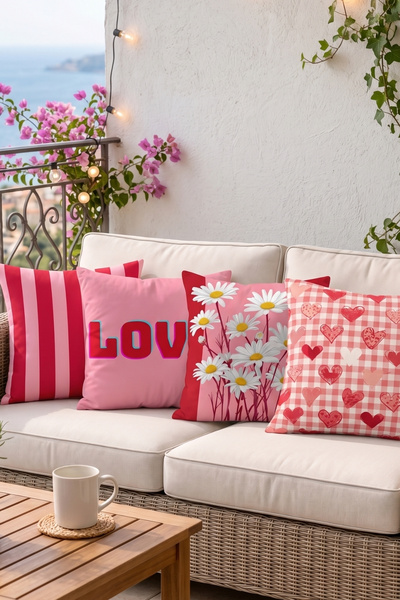4'lü Set Sevgi Temalı Dekoratif Kırlent Kılıfı 43x43 cm Çift Taraflı Pembe ve Kırmızı Kombin