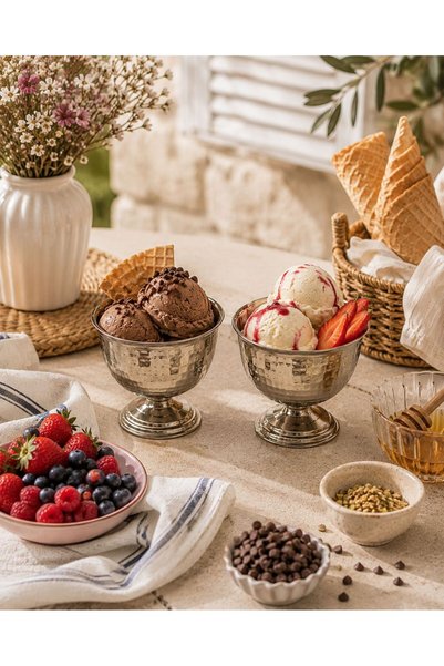 RoyalDecorHome 2-Piece Silver Color Metal Footed Snack Bowl, Ice Cream Bowl & Turkish Delight Bowl - Patterned Presentation Bowl