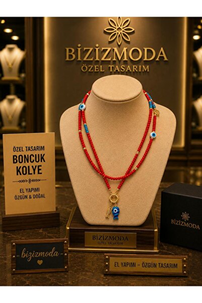 bizizmoda Kırmızı Kum Boncuk Balıklı Murano Cam Uzun Kolye