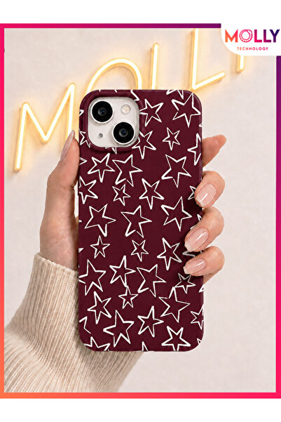 Molly iPhone 13 / 14 İçin Vişne Çürüğü Yıldız Eskizi Desenli İçi Kadife Silik...