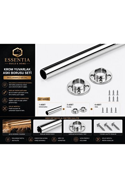 ESBH Krom Yuvarlak Askı Borusu Flanşlı Set 48,5 cm – Paslanmaz Metal Gardırop...