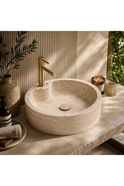 ÖZKAN El Yapımı Traverten Lavabo 47x12 cm Musluk Çıkışlı Doğal Taş Tezgah Üst...