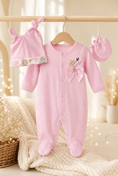 Tuğra Bebe %100 Pamuk Patikli Kız Bebek Tulum, Bere ve Eldivenli