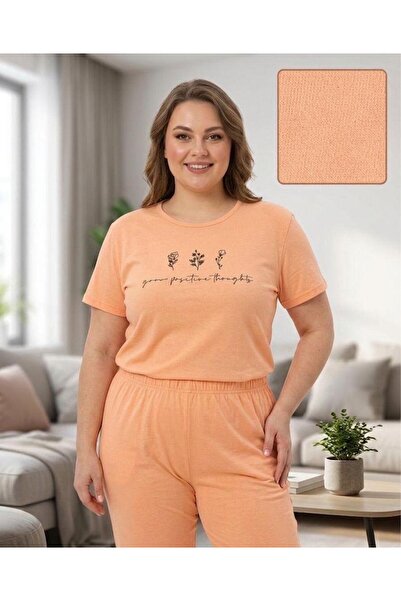 sleeproom Orange Short Sleeve Plus Size Floral Patterned Pajama Set