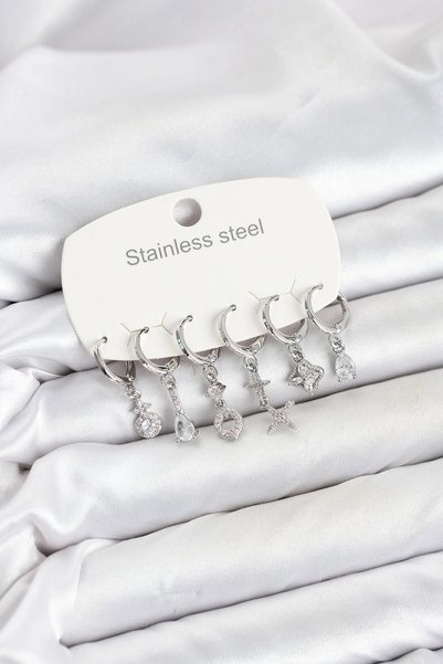 shopwave 316L Steel Silver Rk Zircon Stone Clover Model Women's Earring Set