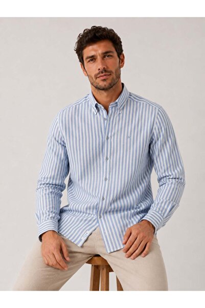 Fitmens Slim Fit Long Sleeve Striped Collar Buttoned Linen Lycra Gift Boxed M...