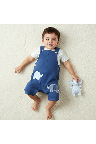 Juniors Crew Neck Short Sleeve T-shirt and Dungaree Set with Elephant Appliqu...