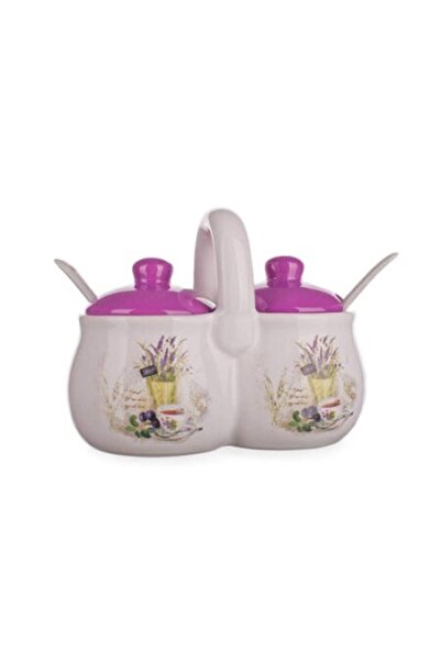 BANQUET Set de 2 borcane ceramice cu capac și linguriță, lavandă, 210 ml