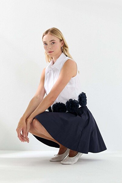 Jusenmia A-Line Poplin Mini Skirt with Shorts Navy Blue