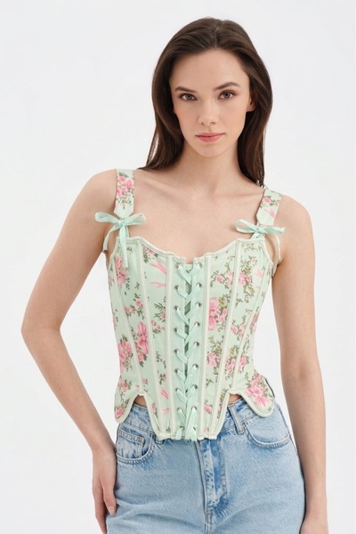 tw3 Women's Floral Printed Fabric Front Lace Detailed Design Blouse Corset