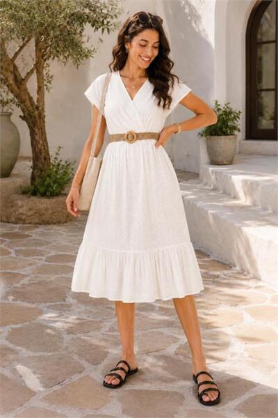 Neşeli Butik Women's Ecru Double-Breasted Collared Straw Belt Midi Length Emb...