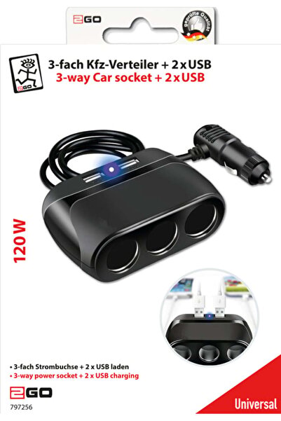 2go Distribuitor auto 3 căi + 2x USB