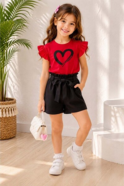 zepkids Girls Shorts Set Heart Printed Red T-Shirt Black Shorts Summer Two-Pi...