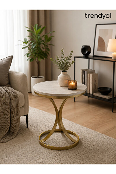 MOVIRA HOME Gold Metal Ayaklı MDF Traverten Görünümlü Yuvarlak Yan Sehpa