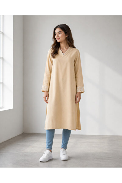 REDTAG Senior Girls Beige Embroidered Kameez