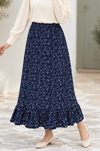 İmajButik Navy Blue Patterned Skirt with Elastic Waist and Ruffles at the Bottom