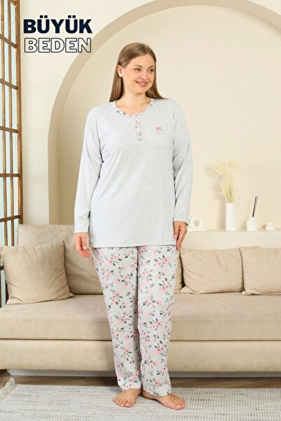 ALİMER Plus Size Women's Pajama Set - Rose Patterned Long Sleeve Combed Cotto...