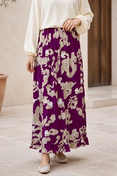İmajButik Purple Elastic Waist Patterned Viscose Skirt