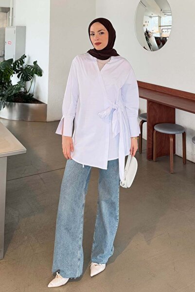 lamelif Tie-Detail Hijab Shirt White