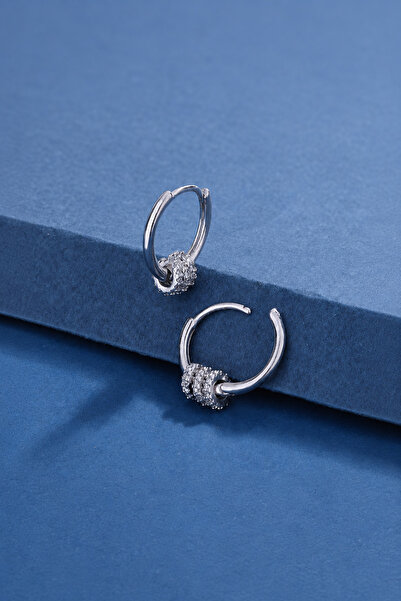 TREND COLLECTİON Silver Hoop Earrings with Zircon Stone Detail for Women