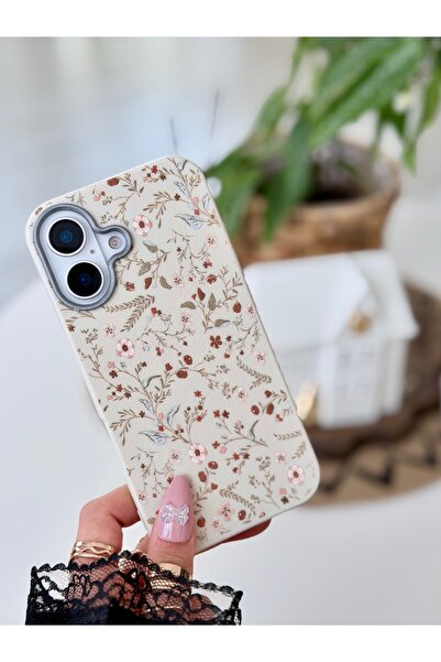 Go Aksesuar Iphone 16 Uyumlu Baskı KREM DERİ ÇİÇEK Tasarımlı Esnek Koruyucu S...
