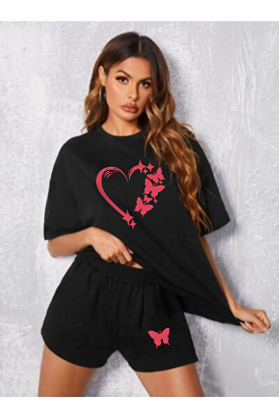 Eşofmancım Women's Butterfly Heart Printed Oversize Shorts T-Shirt Set