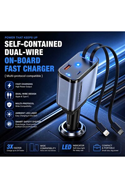 iqraafashion Dual Wire Car Fast Charger USB Type C Lightning LED Charger