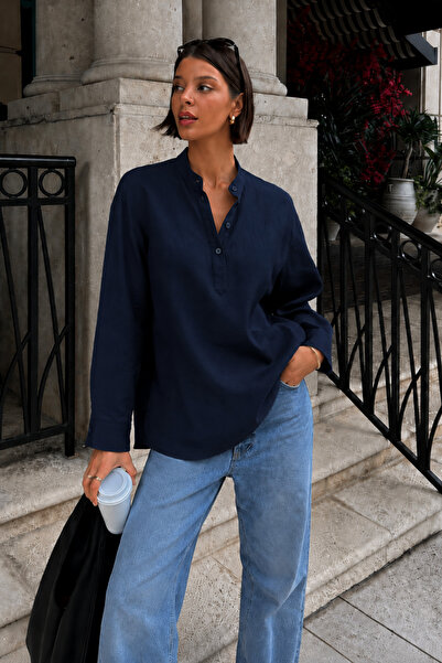 COOL TARZ Women's High Collar Buttoned Linen Look Long Sleeve Oversize Shirt