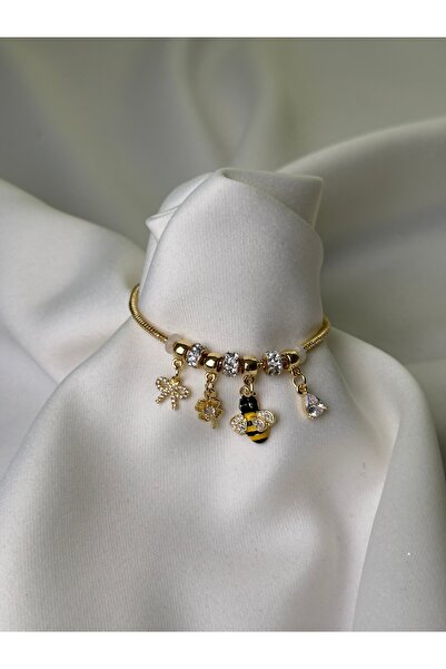 NB STEELORA Bee and Flower Detailed Zircon Stone Charm Model Women's Bracelet